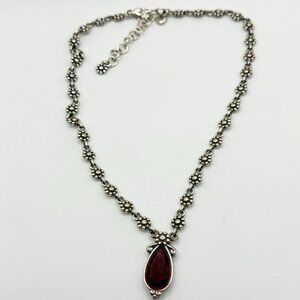 Brighton Silver Tone Red Glass Teardrop Charm Daisy Necklace